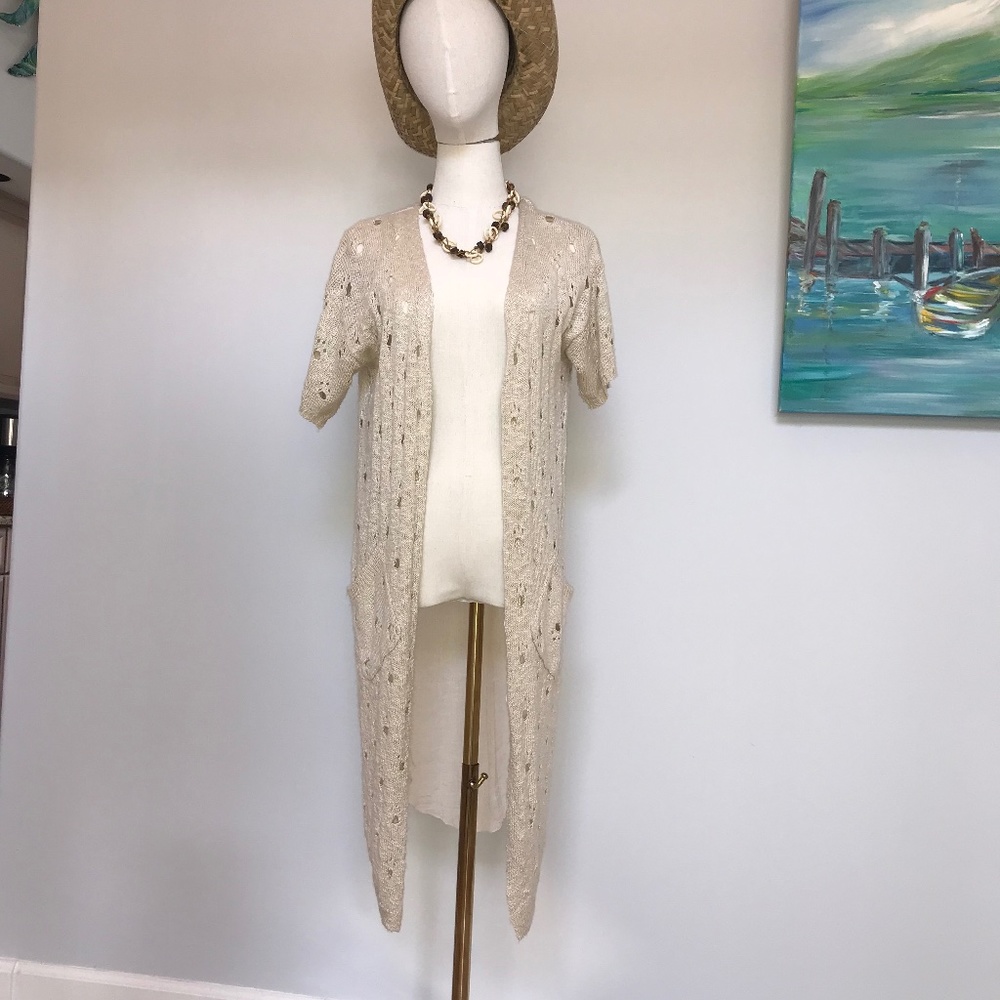 Boho Casual cardigan Short Sleeve Ivory with Chiffon Duster Back Panel